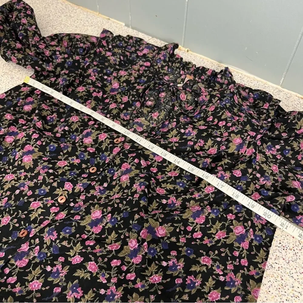 Free People Meant To Be Blouse Floral Puff Sleeve Top Black Purple Women’s S